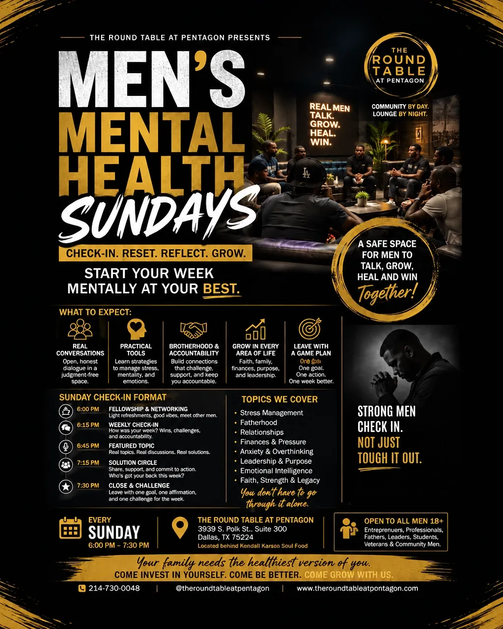 Men's Mental Health Sundays flyer for the weekly Sunday program at The Round Table at Pentagon