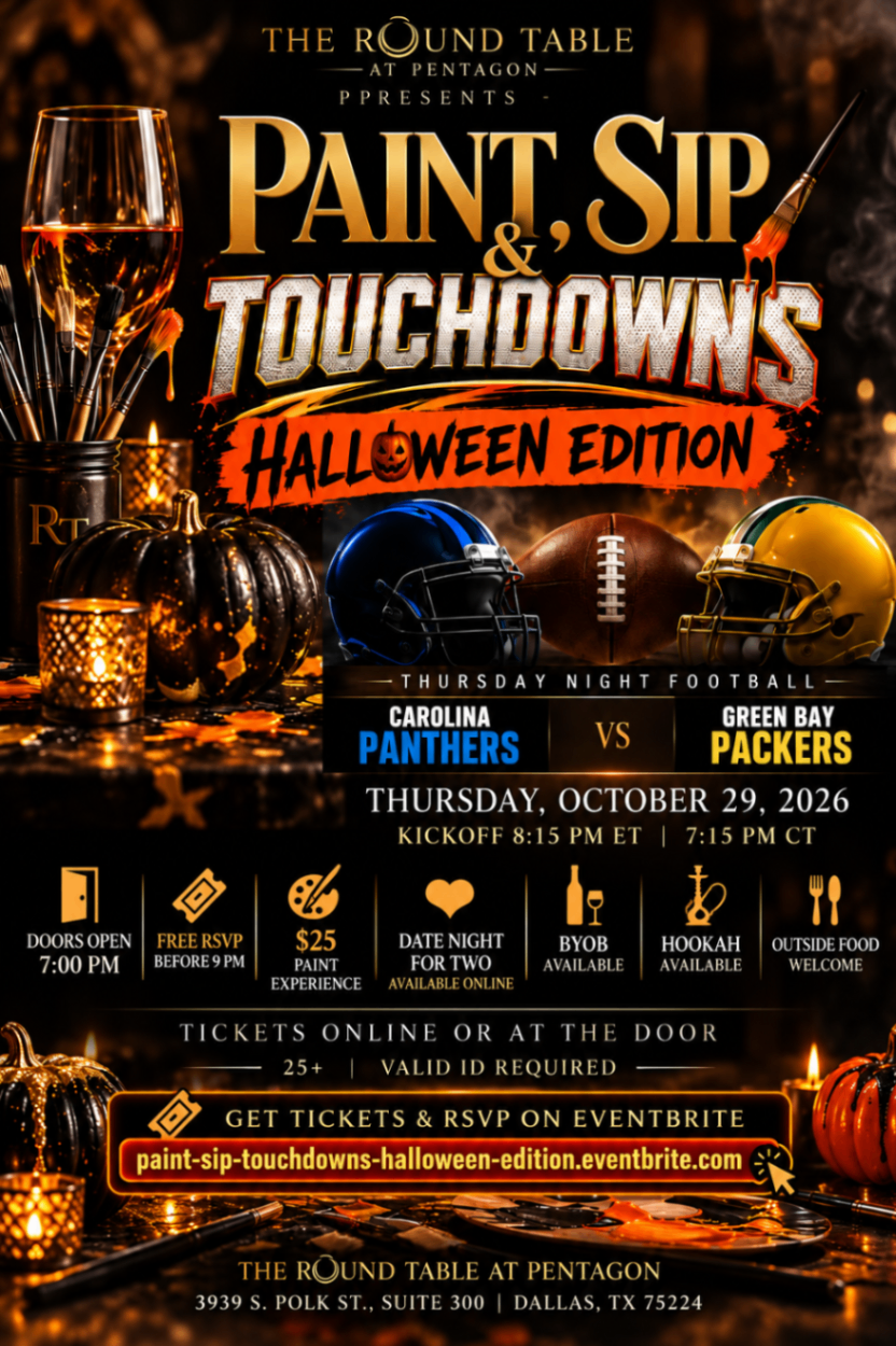 Paint, Sip & Touchdowns Halloween Edition flyer for Thursday, October 29, 2026 at The Round Table at Pentagon