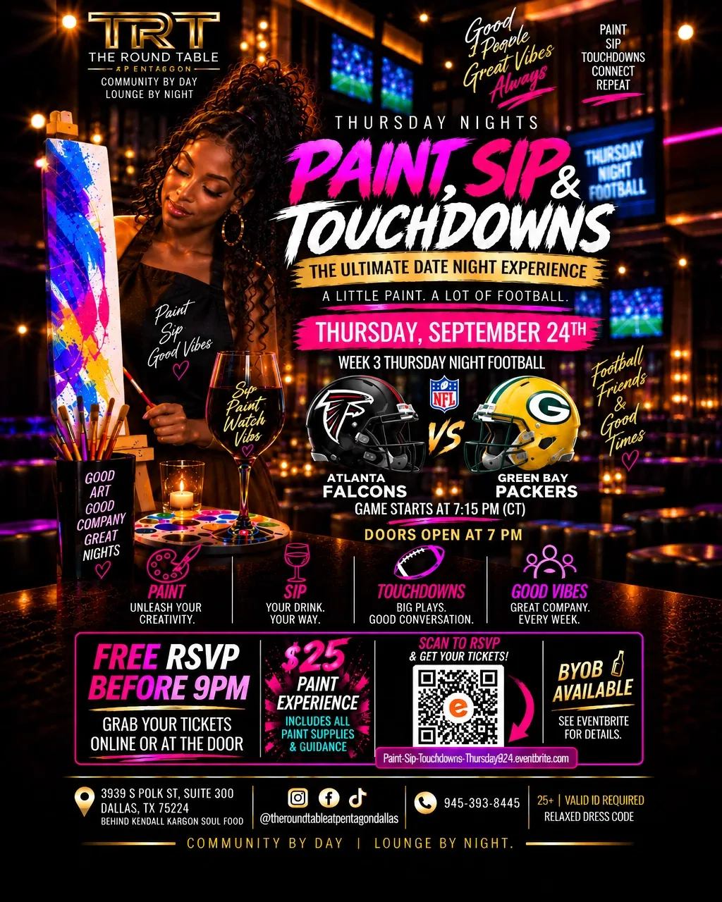Paint, Sip & Touchdowns program flyer for Thursday, September 24, 2026 at The Round Table at Pentagon