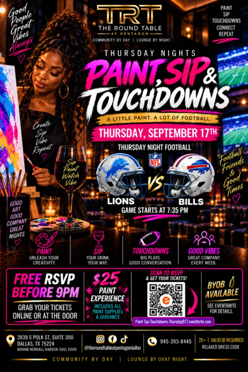 Paint, Sip & Touchdowns event flyer for Thursday, September 17, 2026, at The Round Table at Pentagon in Dallas