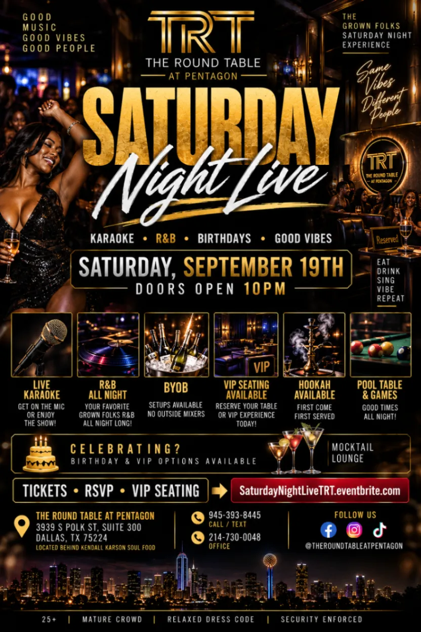 Saturday Night Live event flyer for Saturday, September 19, 2026, at The Round Table at Pentagon in Dallas