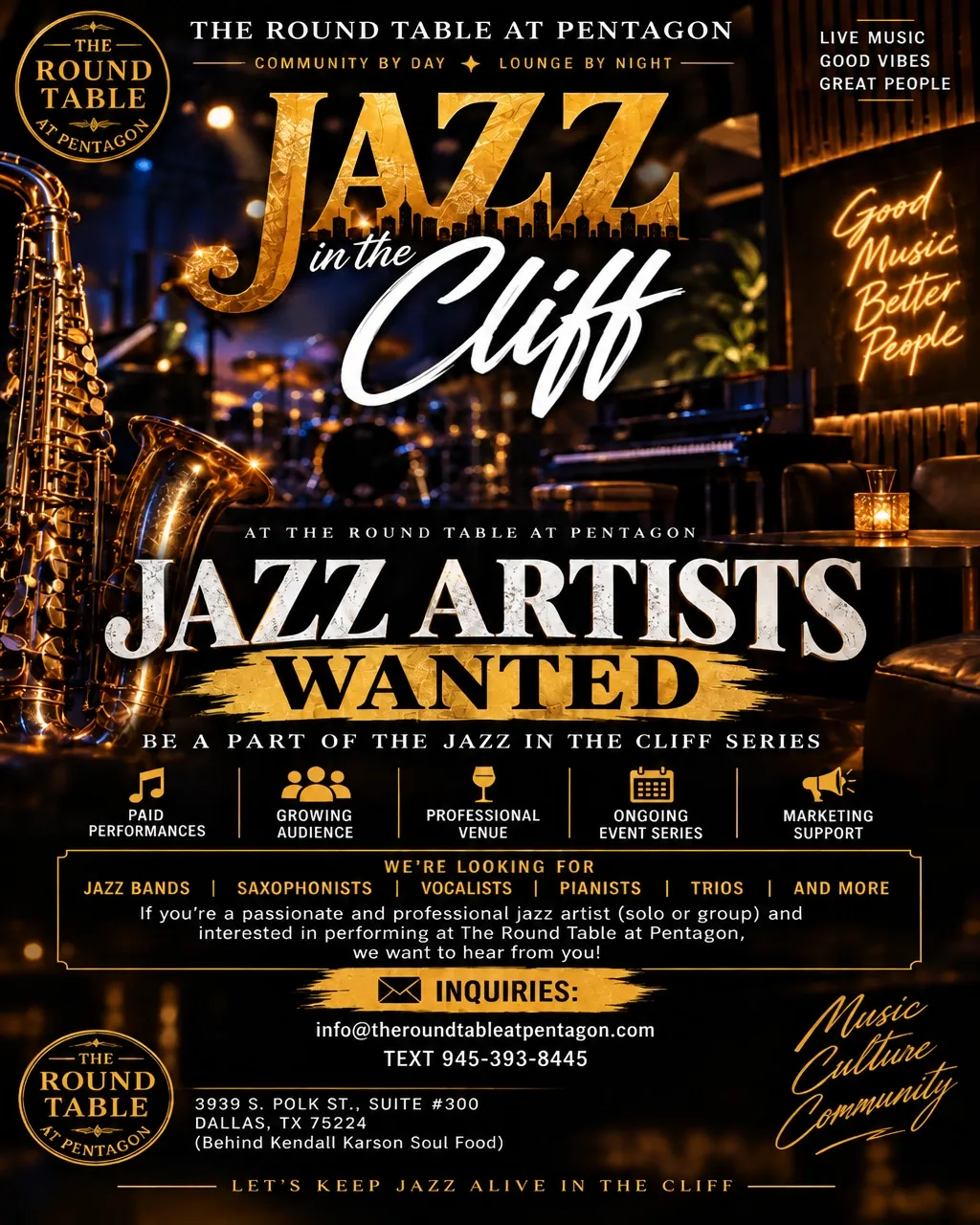 Jazz artists wanted flyer for The Round Table at Pentagon